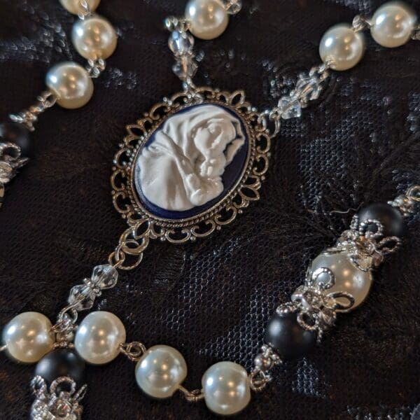 Blessed Mother Rosary with black cameo and white crystal pearls for heirloom rosaries