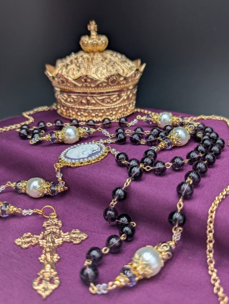 Close-up of a unique rosary highlighting beads and crucifix, ideal for Lent and sacraments